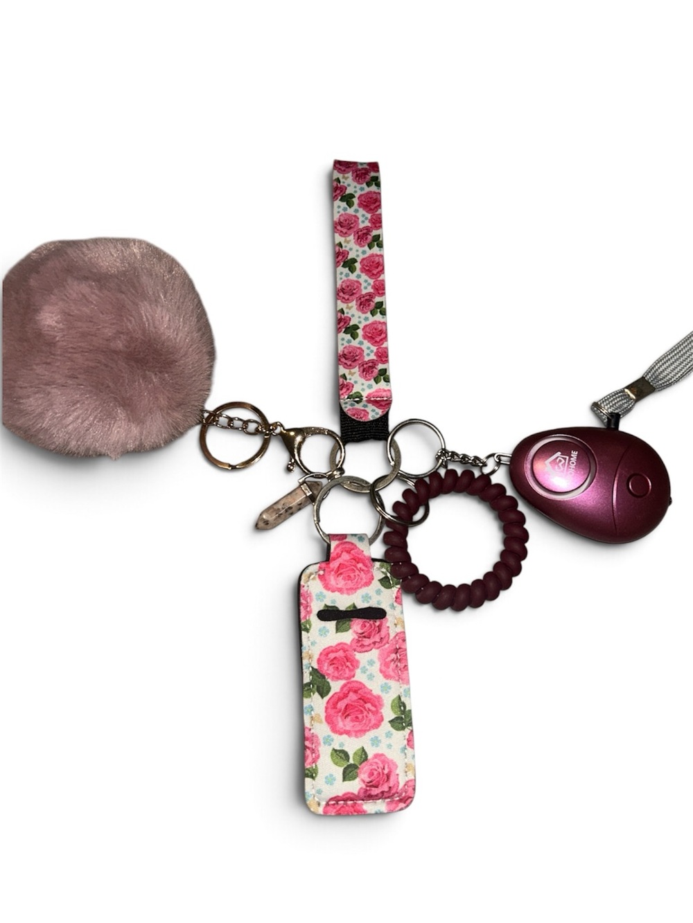 Floral Pink Keychain Wristlet with Pom Pom and Security Alarm